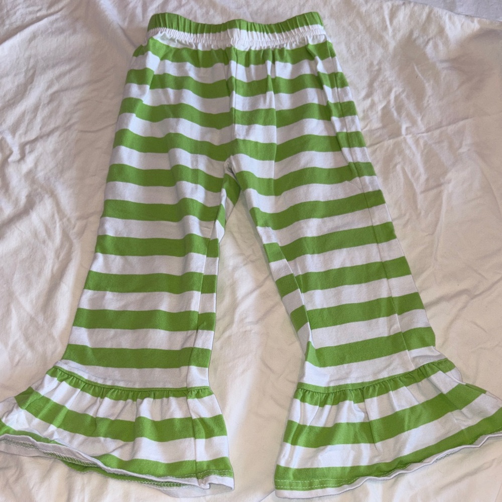 Girls' Green & White Striped Ruffle Hem Casual Pants